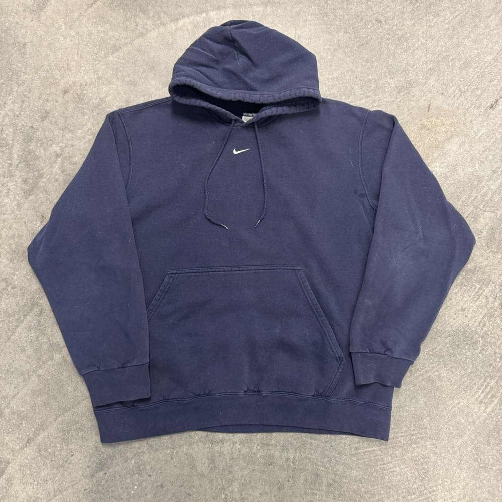 Vintage Men's Nike Center Swoosh Hoodie Navy Blue Silver Tag 2000s Large